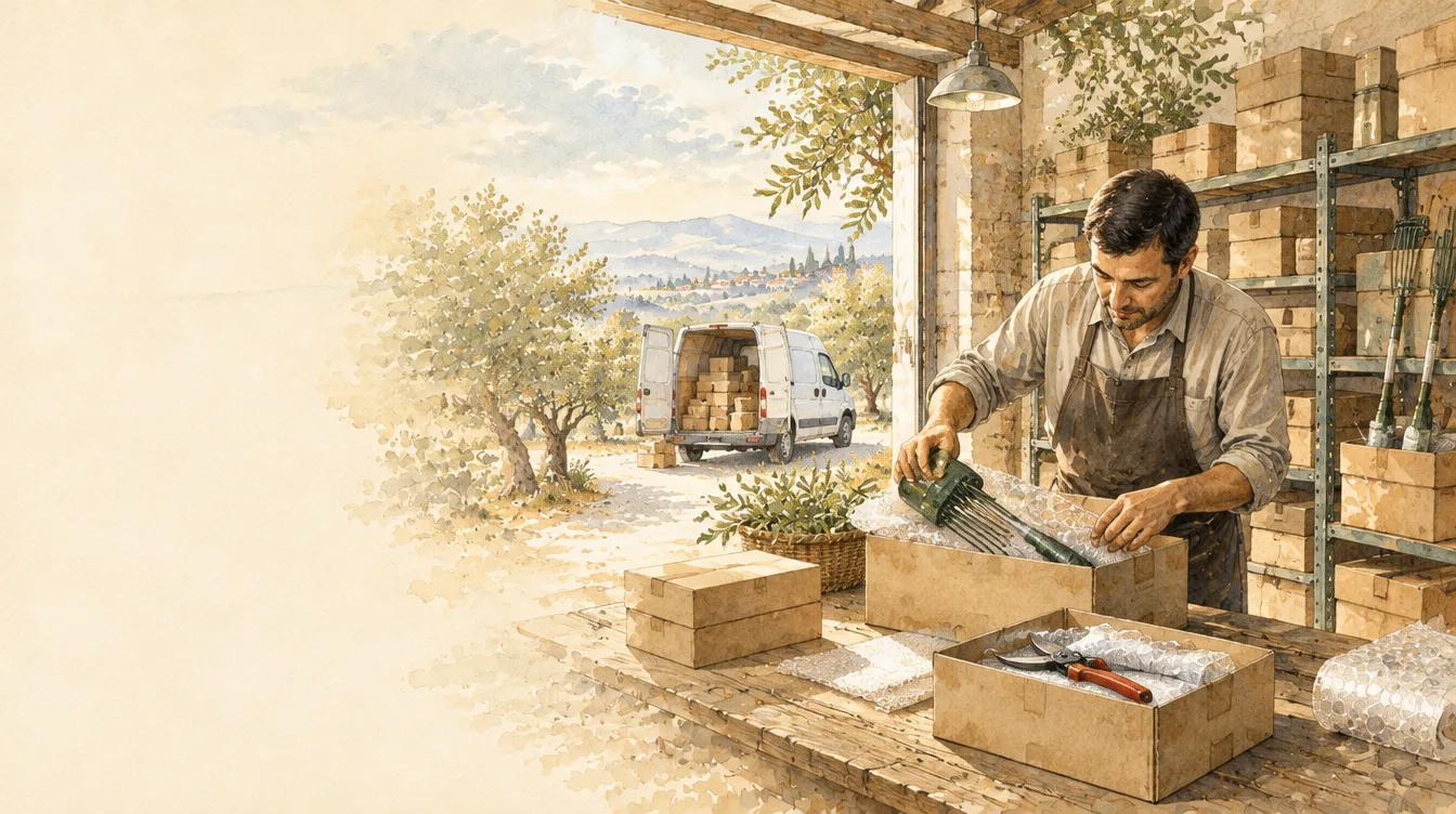 Depoda zeytin hasat makinesi ve budama makasının kargo için paketlenmesi