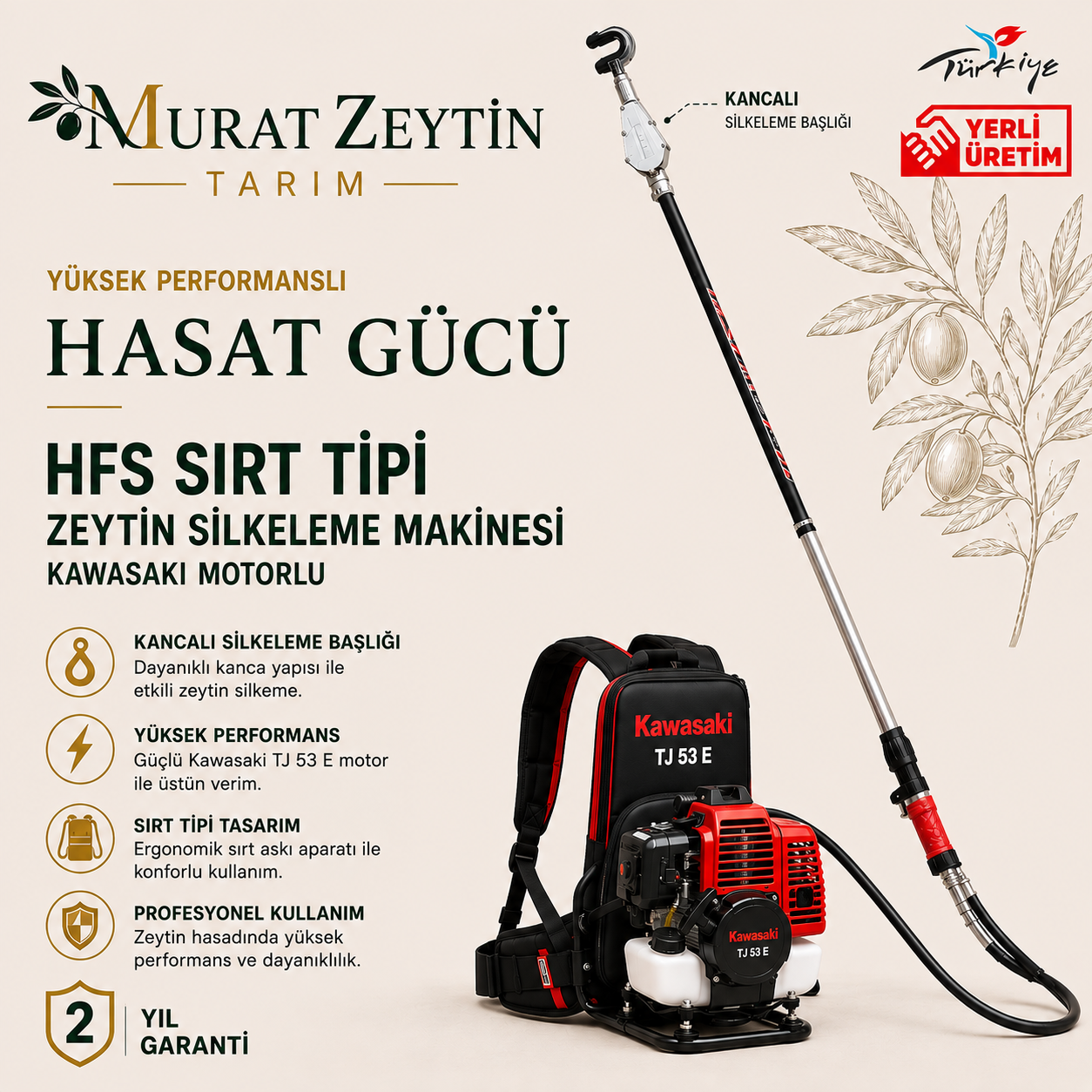 HFS Sırt Tipi Kawasaki TJ53E 53,2 cc 3 HP Profesyonel Zeytin Silkeleme Makinesi