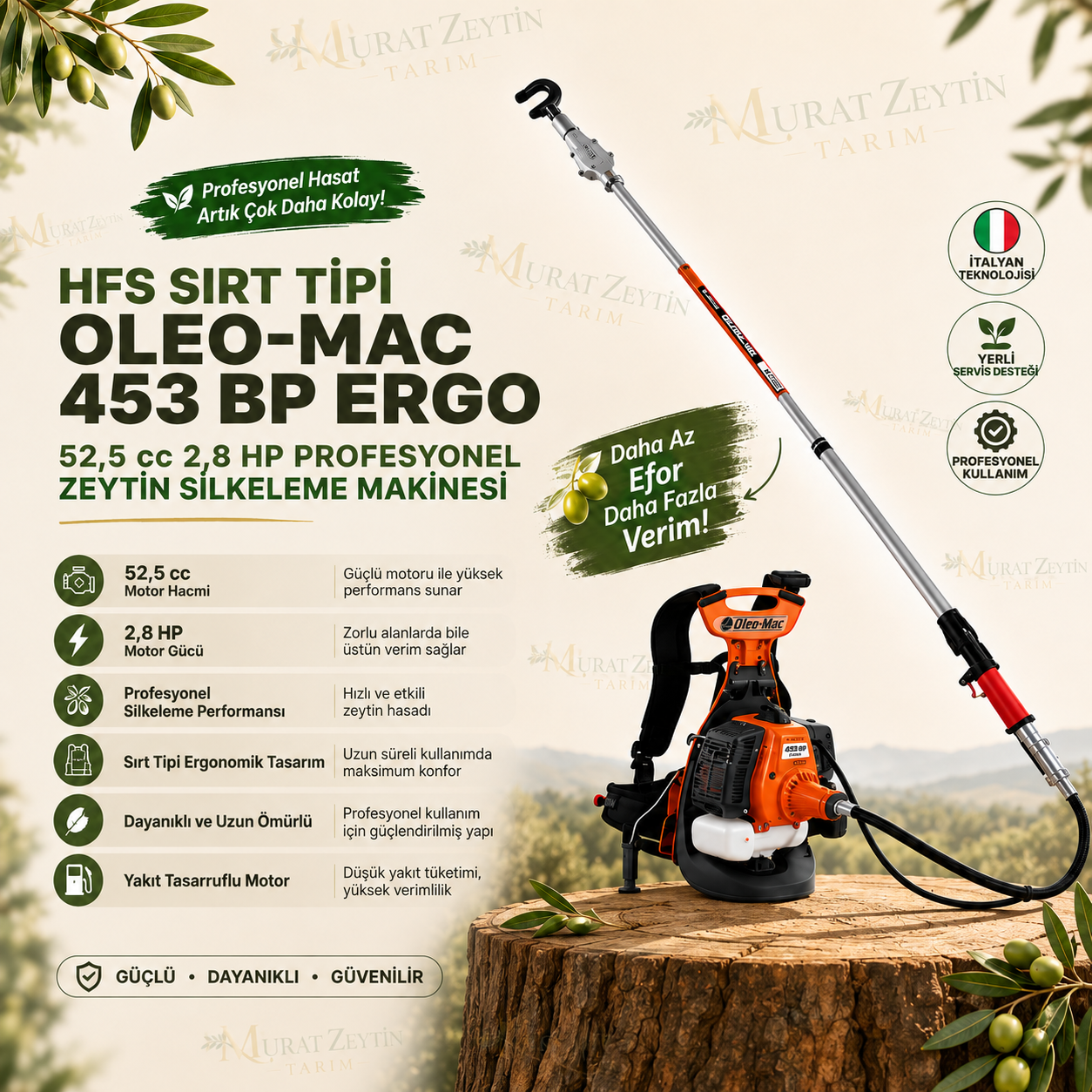 HFS Sırt Tipi OLEO-MAC 453 BP ERGO 52,5 cc 2,8 HP Profesyonel Zeytin Silkeleme Makinesi