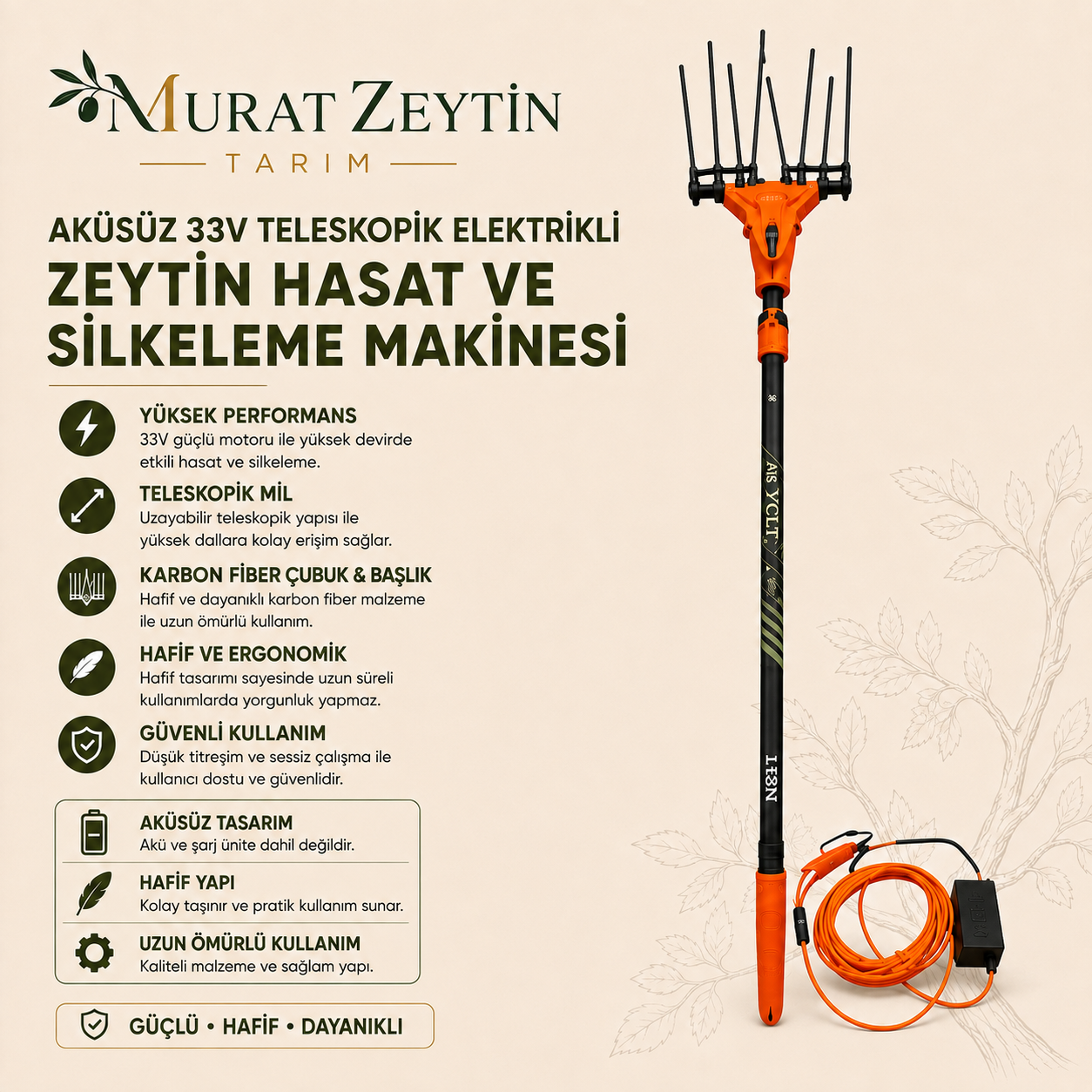 VOLT Aküsüz 33V Teleskopik Elektrikli Zeytin Hasat ve Silkeleme Makinesi