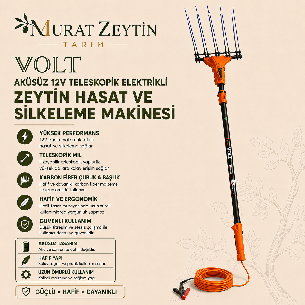 VOLT Aküsüz 12V Teleskopik Elektrikli Zeytin Hasat ve Silkeleme Makinesi