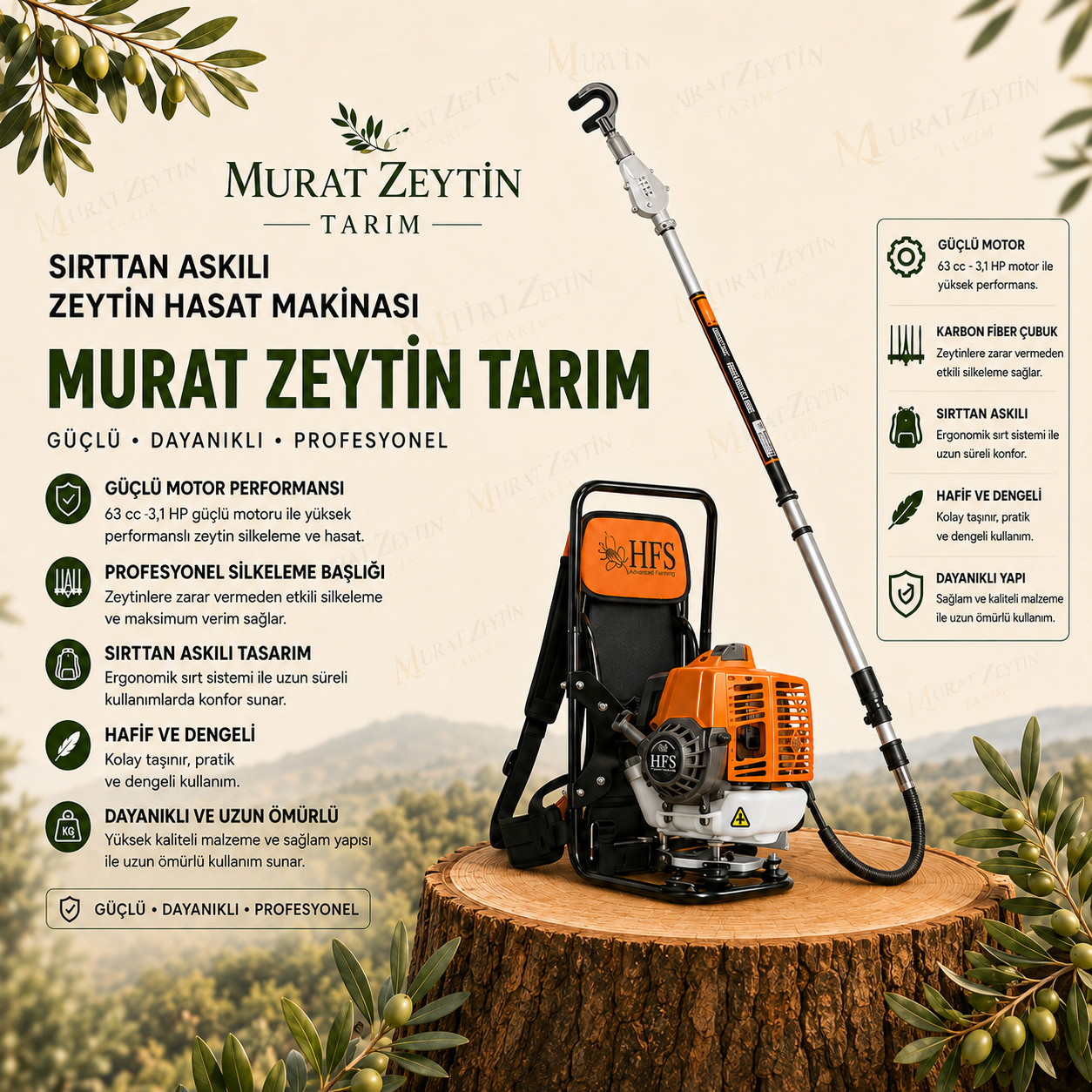 HFS Sırt Tipi 63 cc 3,1 HP Motorlu Profesyonel Zeytin Silkeleme ve Hasat Makinesi