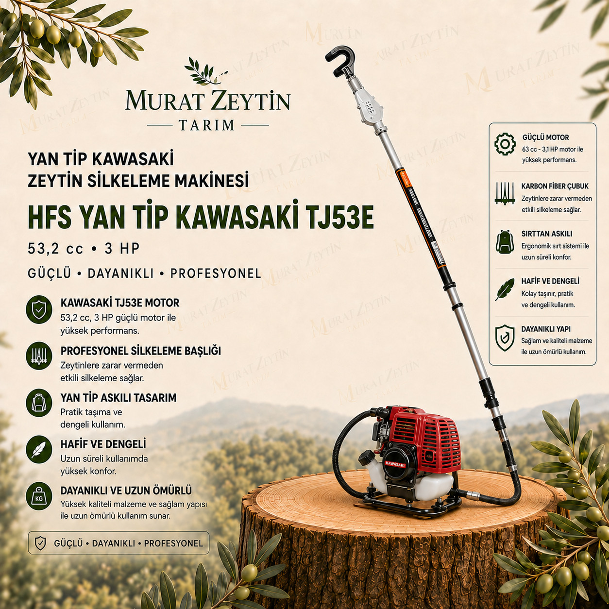 HFS Yan Tip Kawasaki TJ53E 53,2 cc 3 HP Profesyonel Zeytin Silkeleme Makinesi