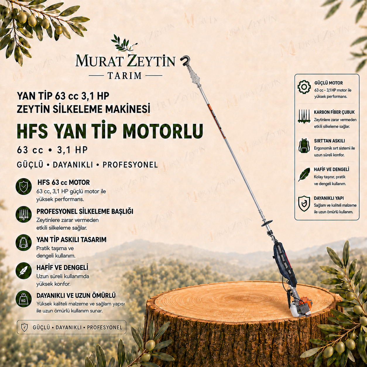 HFS Yan Tip 63 cc 3,1 HP Profesyonel Motorlu Zeytin Silkeleme Makinesi