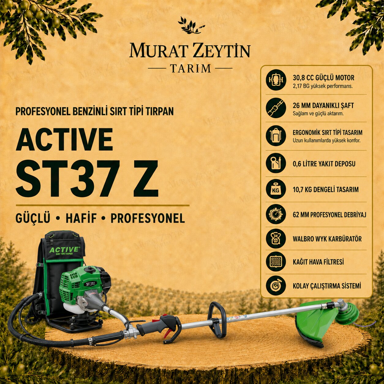 Active ST37 Z 2.17 BG 30.8 CC Sırt Tipi Benzinli Motorlu Tırpan