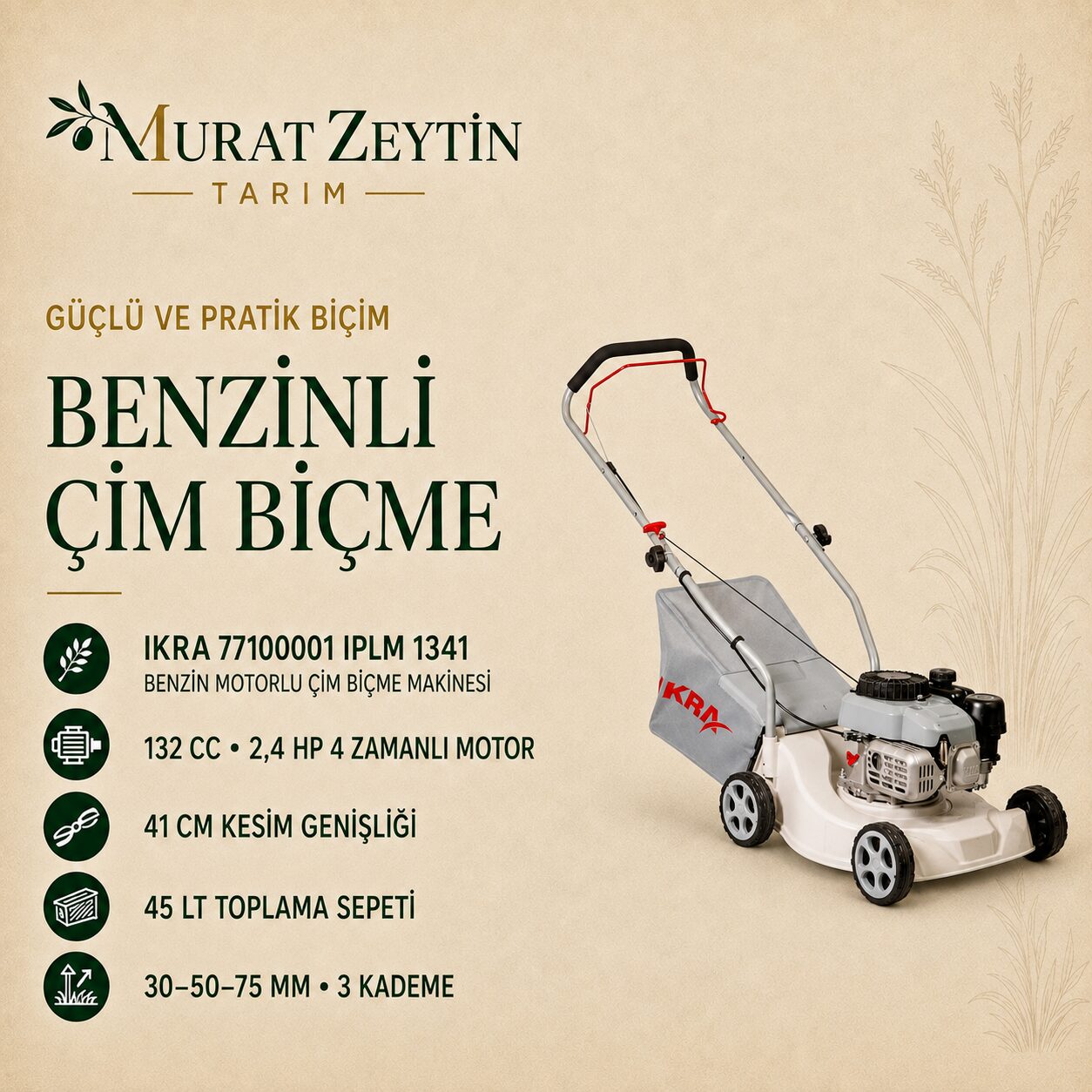 IKRA 77100001 IPLM 1341 BENZİN MOTORLU ÇİM BİÇME MAKİNESİ