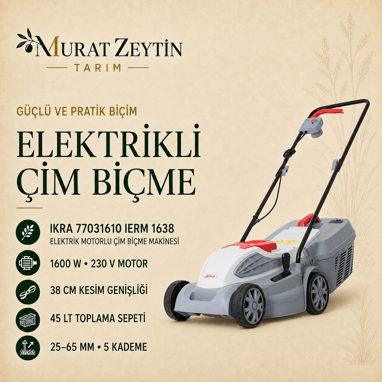 IKRA 77031610 IERM 1638 ELEKTRİK MOTORLU ÇİM BİÇME MAKİNESİ