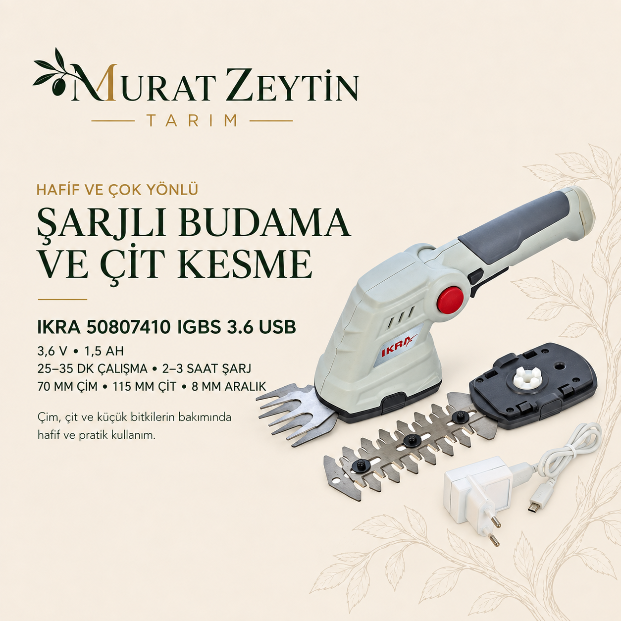 IKRA 50807410 IGBS 3.6 USB ŞARJLI ÇİT KESME VE BUDAMA MAKİNESİ