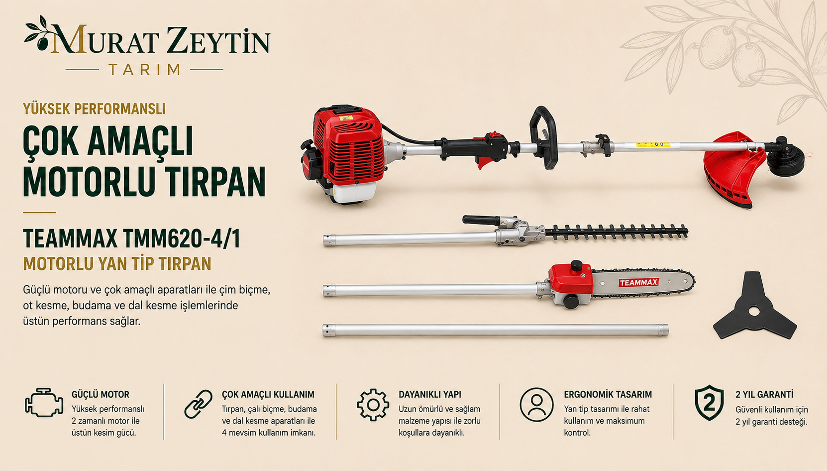 TEAMMAX TMM620-4/1 MOTORLU YAN TİP TIRPAN ÇOK AMAÇLI