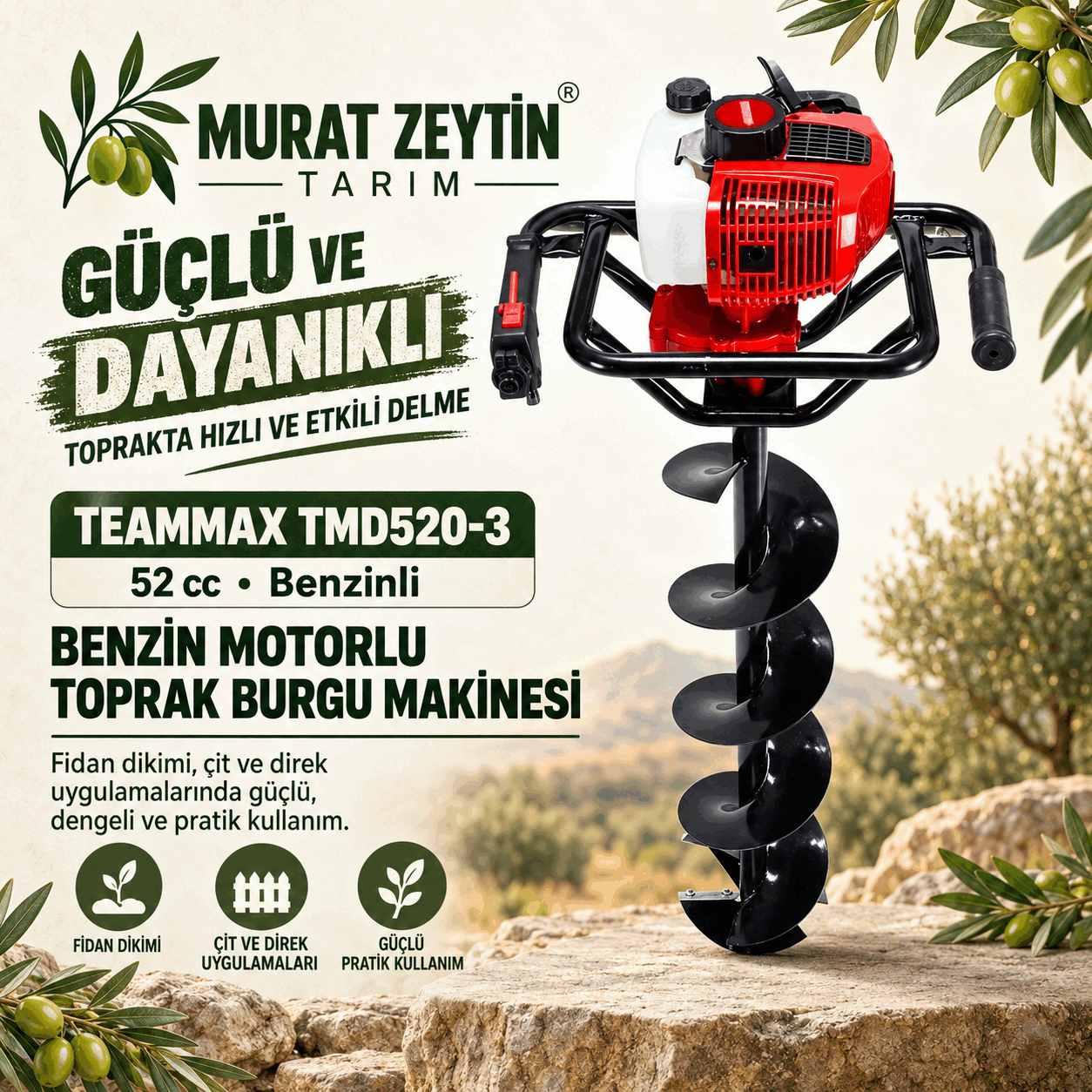 TEAMMAX TMD520-3 MOTORLU TOPRAK BURGU MAKİNESİ