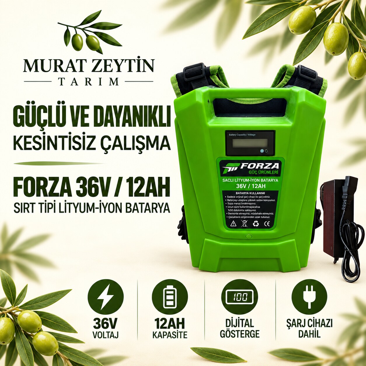 FORZA 36V 12Ah Sırt Tipi Lityum İyon Batarya