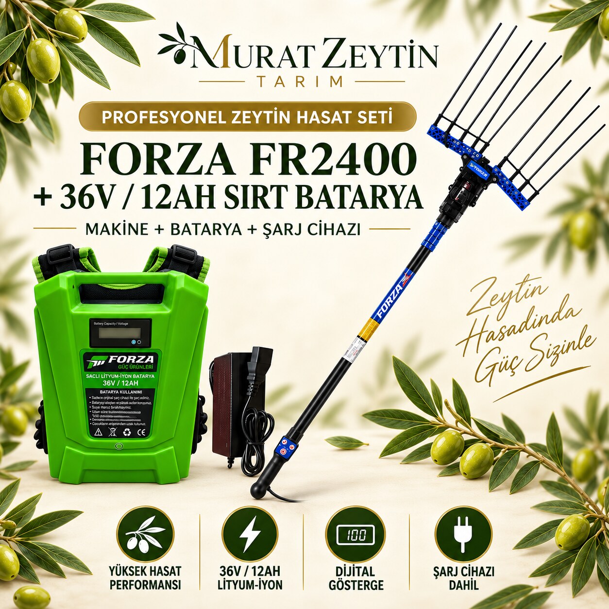 Forza FRZ2400 Teleskopik Devir Ayarlı Zeytin Hasat Makinesi + FORZA 36V 12Ah Li-ion Sırt Bataryası Seti