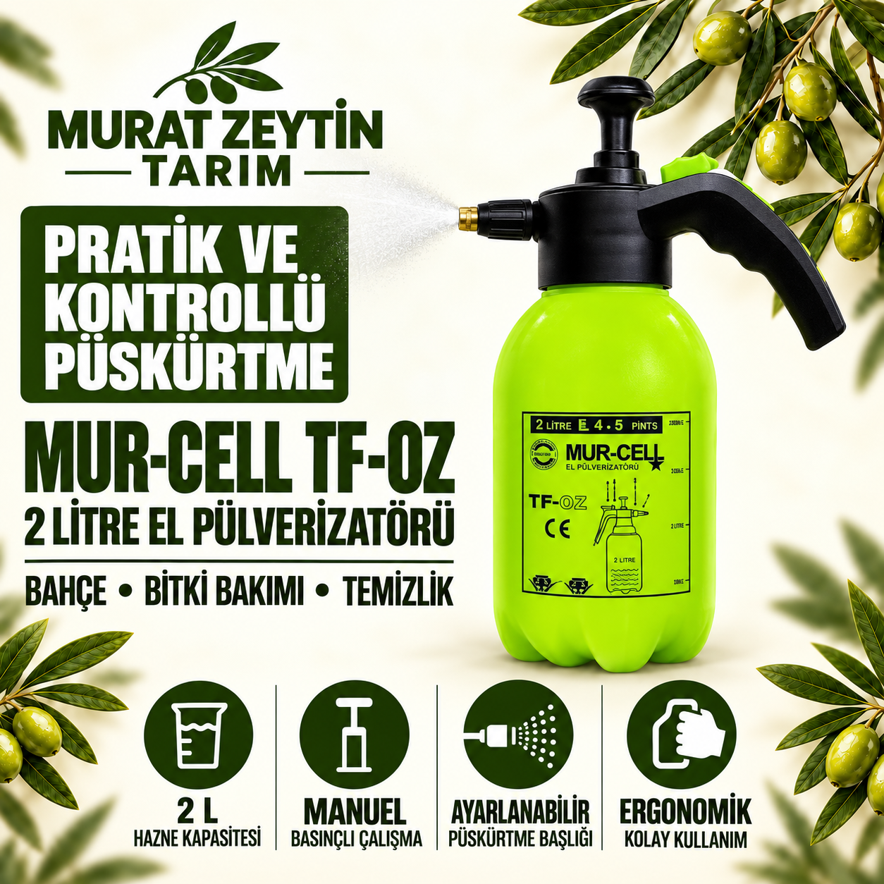 Murcell 2 Litre Pompa – Manuel Basınçlı El Tipi Püskürtme Pompası