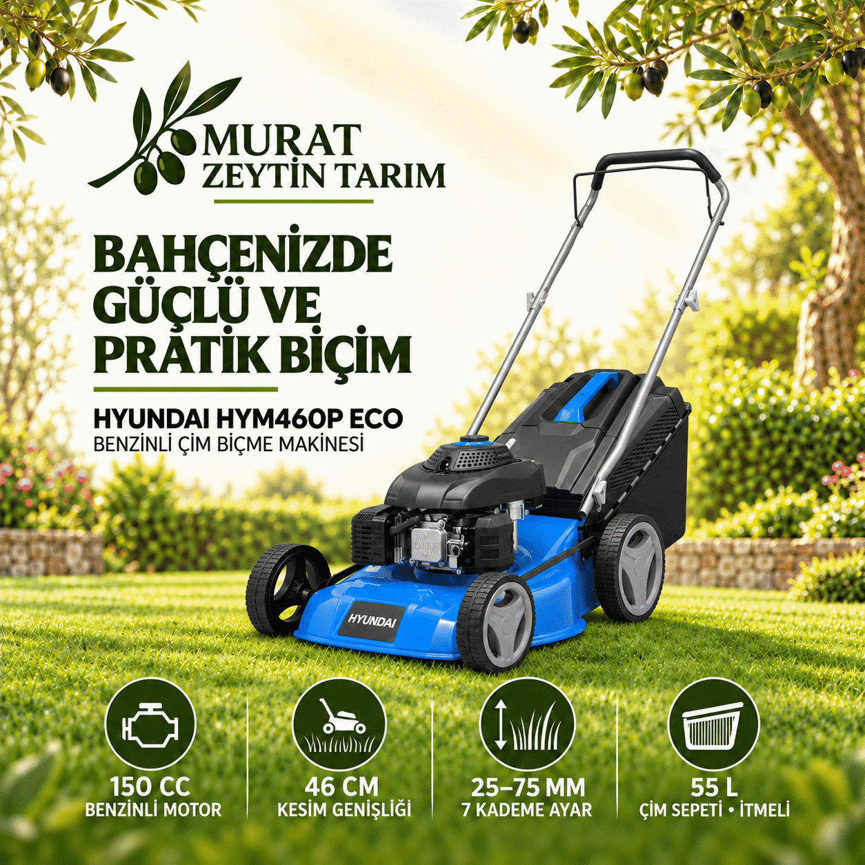 Hyundai HYM460P Eco 46 cm 150 cc İtmeli Benzinli Çim Biçme Makinası