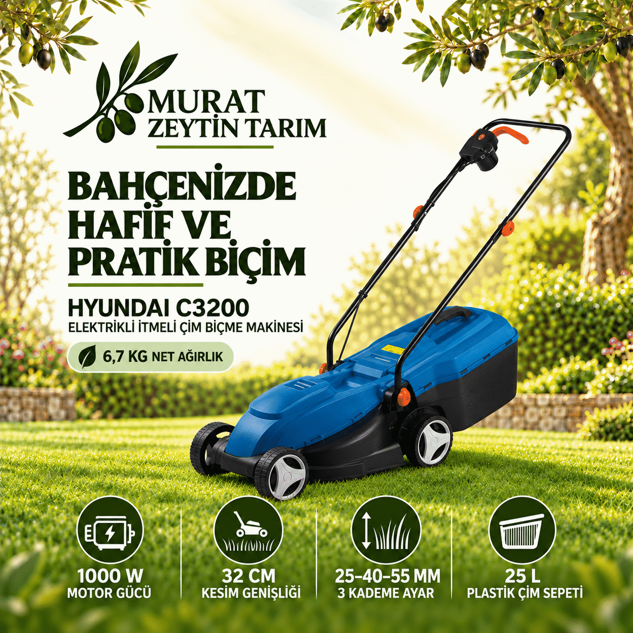 Hyundai 32 cm 1000 W ABS İtmeli Elektrikli Çim Biçme Makinesi
