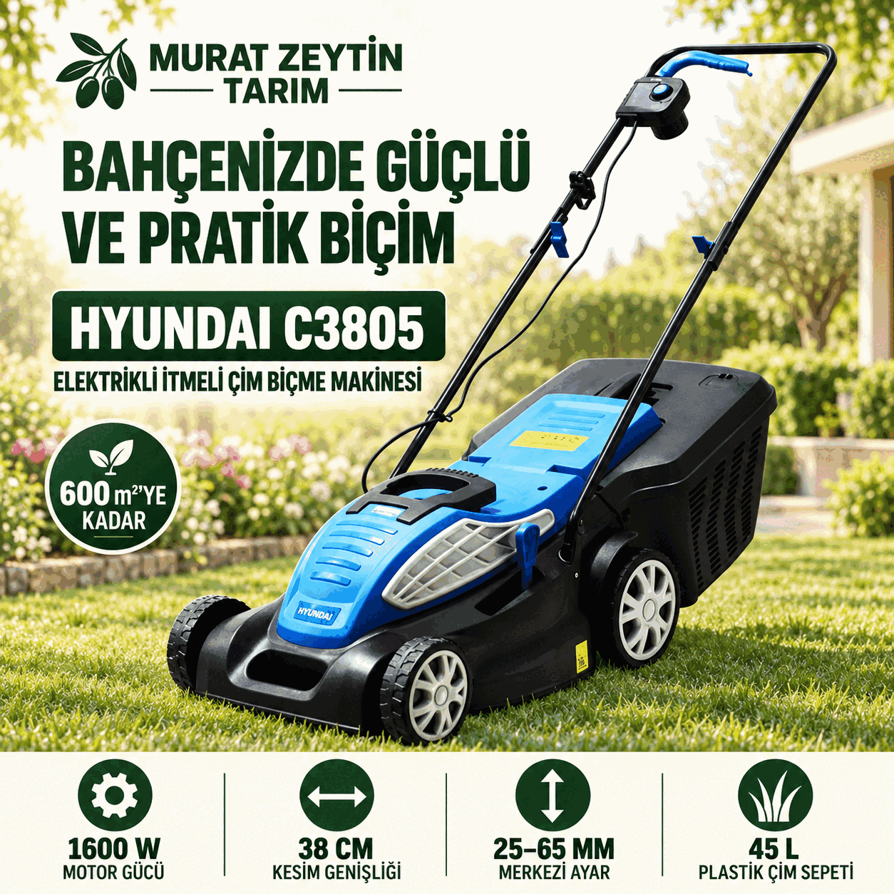 Hyundai 38 cm 1600 W ABS İtmeli Elektrikli Çim Biçme Makinesi