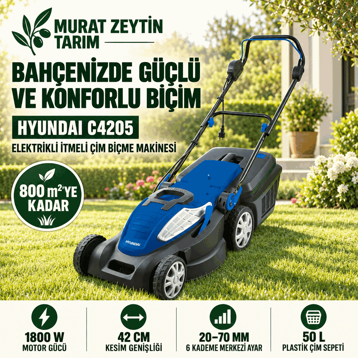 Hyundai Çim Biçme Elektrikli 42cm 1800W Abs İtlemeli