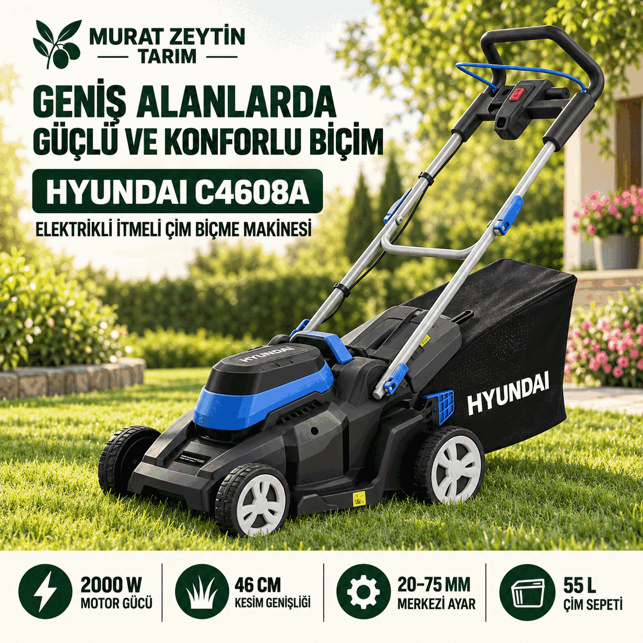 Hyundai 46 cm 2000 W ABS İtmeli Elektrikli Çim Biçme Makinesi