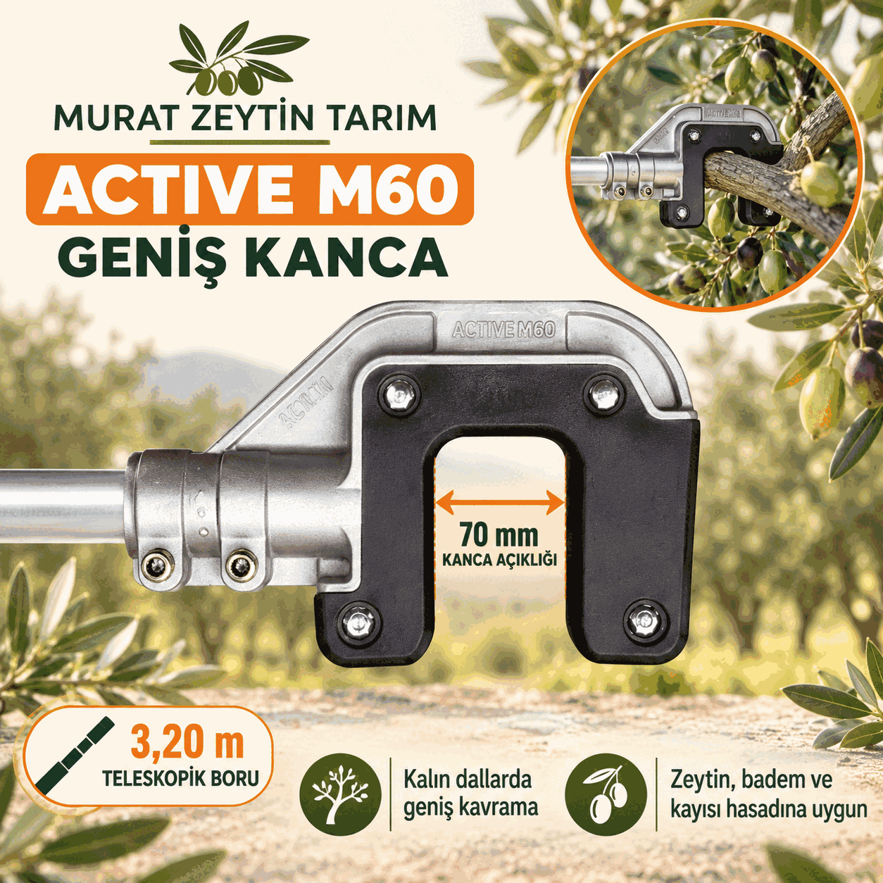 Active M60 Geniş Kancalı Zeytin Hasat ve Silkeleme Makinesi – 70 mm Kanca – 3,20 m Boru – 1600713