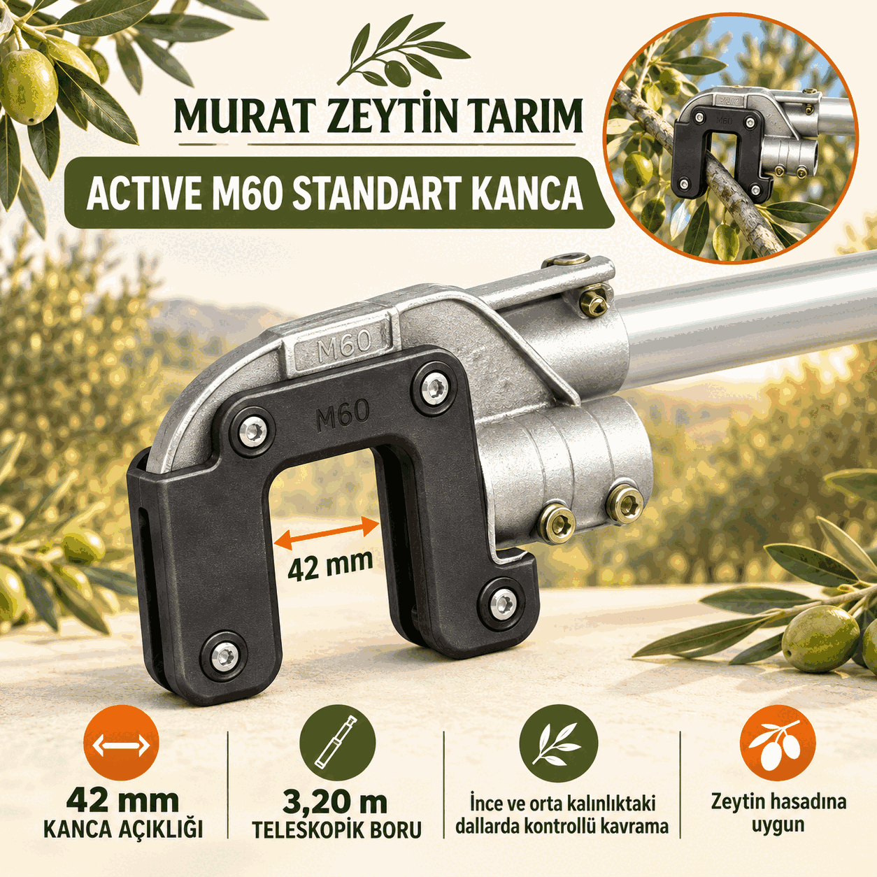Active M60 Standart Kancalı Zeytin Hasat ve Silkeleme Makinesi – 3,20 m Boru