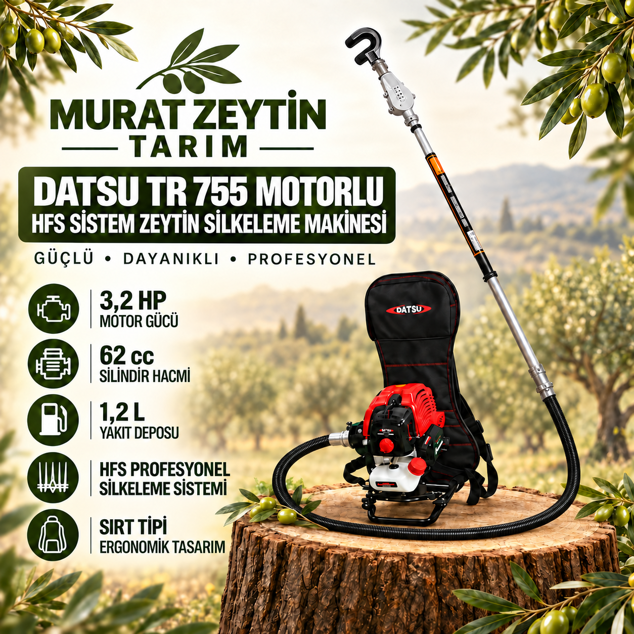 HFS Sırt Tipi Datsu TR 755 – Profesyonel Zeytin Silkeleme Makinesi